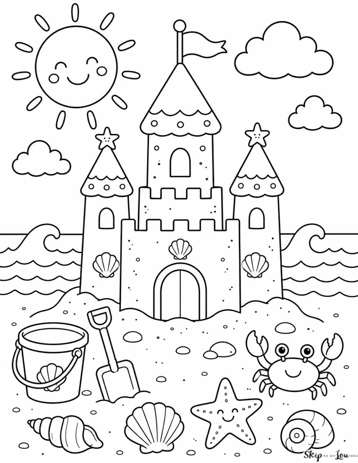 Sandcastle coloring page with ocean waves, seashells, bucket, shovel, crab, and smiling sun