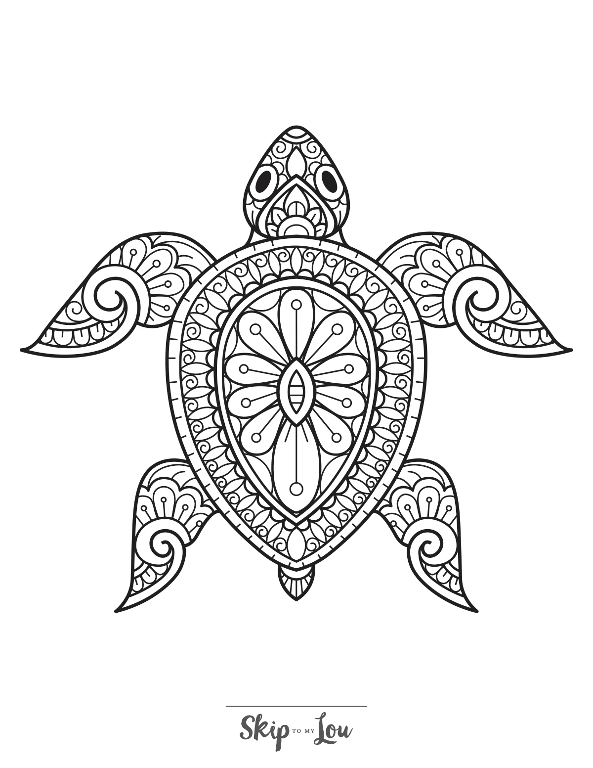 Detailed sea turtle coloring page for adults with decorative shell patterns.