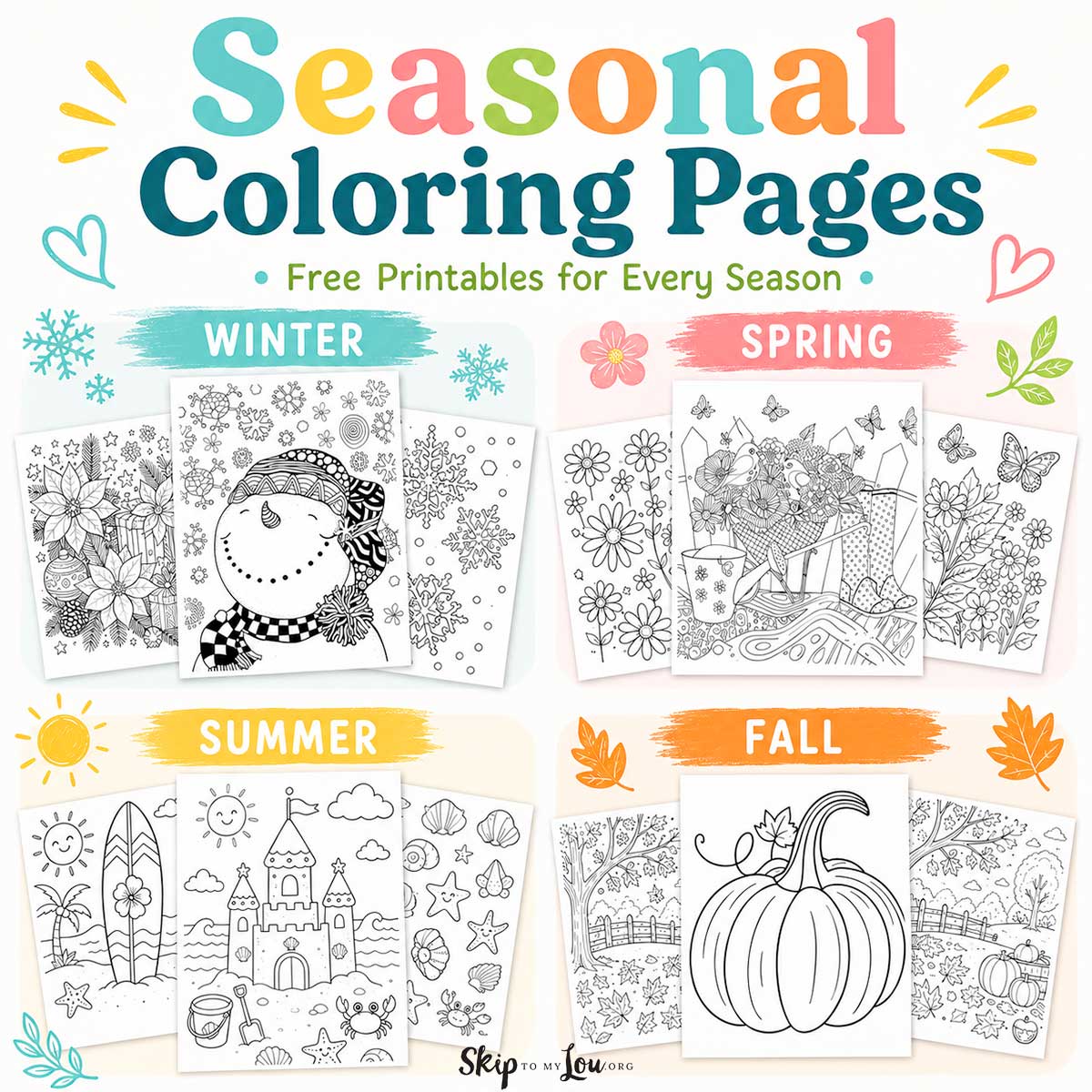 Seasonal coloring pages with free printable sheets for winter, spring, summer, and fall