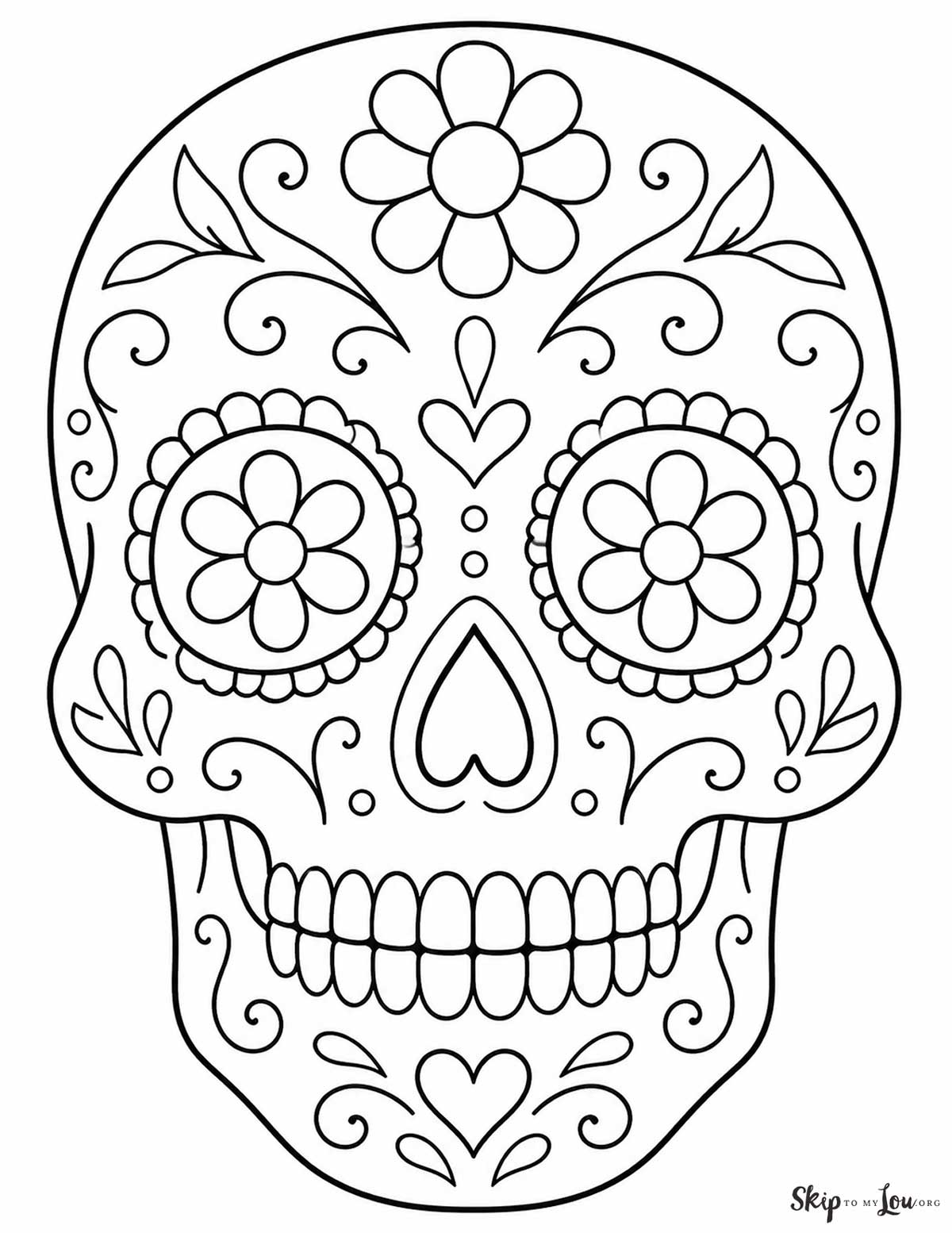Simple sugar skull coloring page with flowers, hearts, swirls, and bold outlines for kids to color