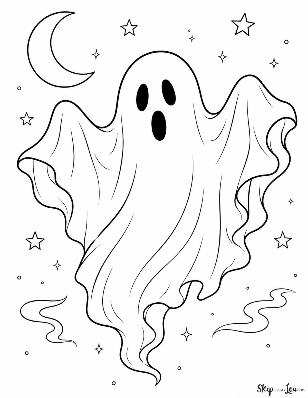 Traditional ghost coloring page with a spooky floating ghost, moon, stars, and wispy details