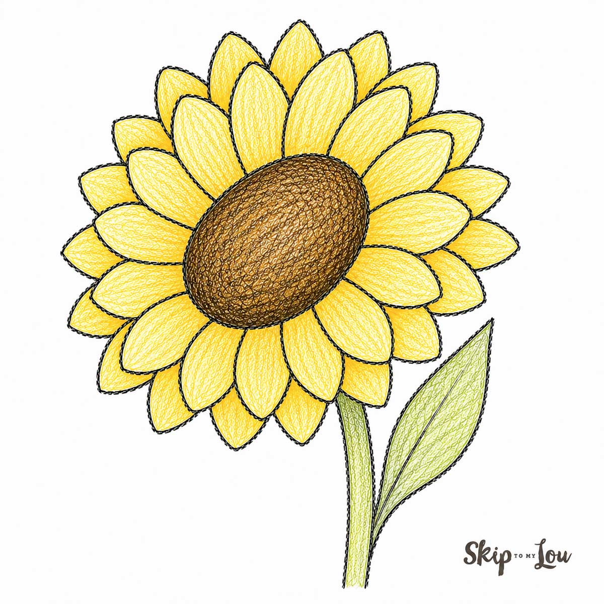 Easy sunflower drawing created by changing the basic flower tutorial with a large brown center and yellow petals