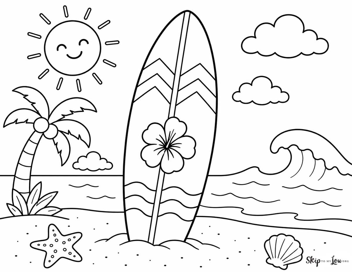 Surfboard coloring page with beach waves, palm tree, seashells, and smiling sun