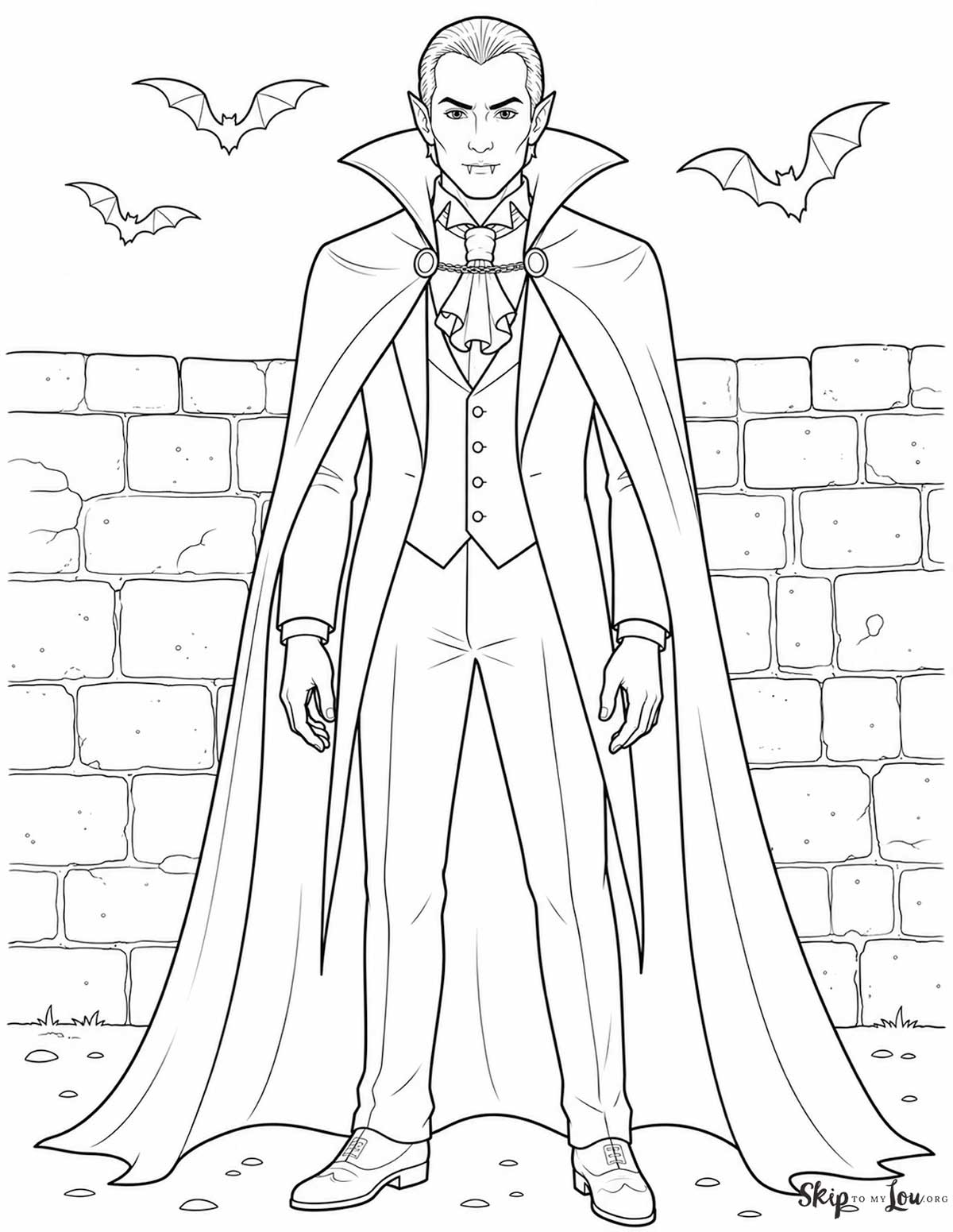 Traditional vampire coloring page with a classic vampire in a cape standing in front of a stone wall with bats