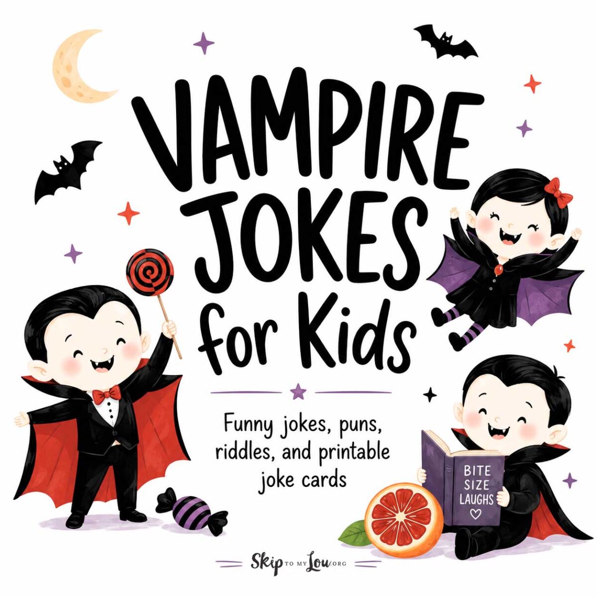 Vampire jokes for kids with cute cartoon vampires, bats, moon, and printable joke cards