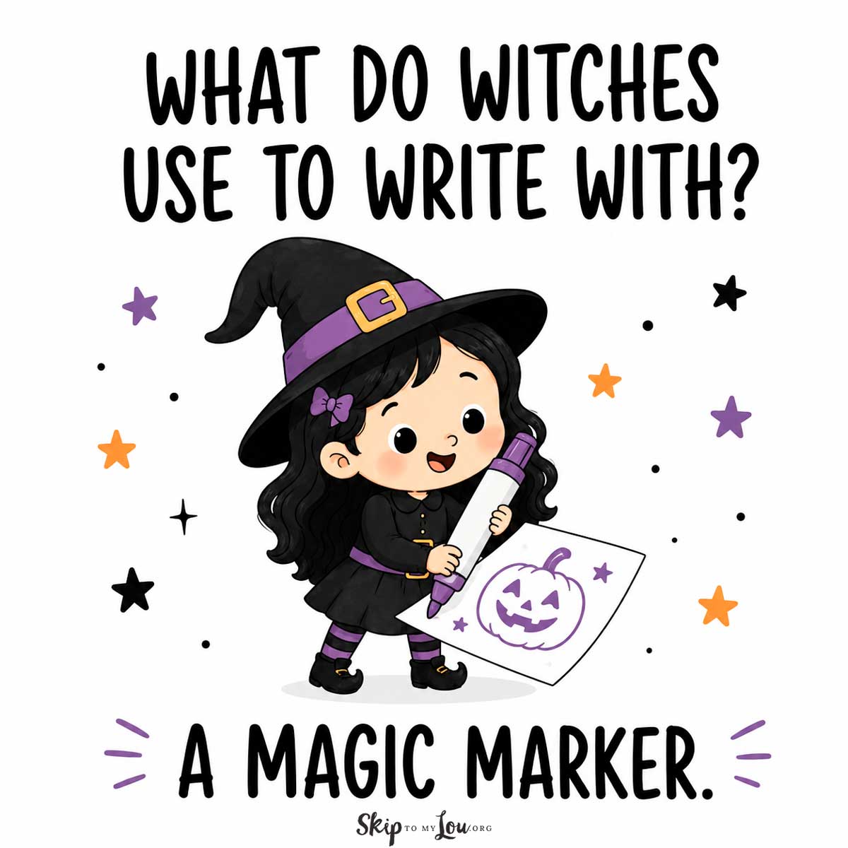 Cute witch holding a purple marker and drawing a jack-o-lantern for the Halloween joke, “What do witches use to write with? A magic marker.”