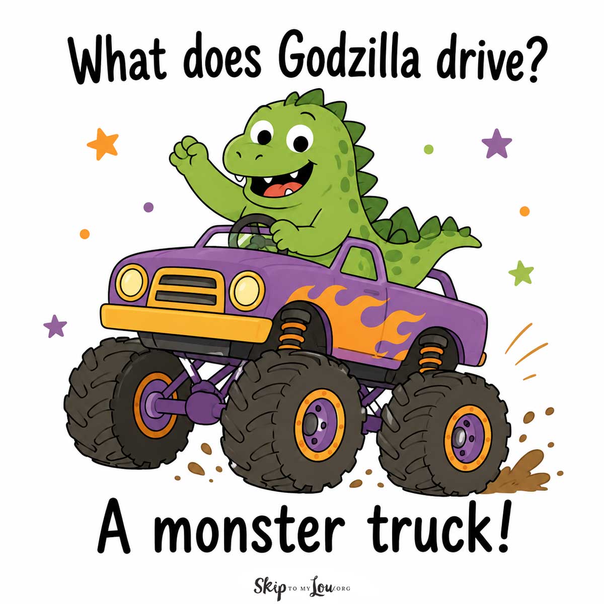 Cute Godzilla driving a purple monster truck for the joke What does Godzilla drive A monster truck