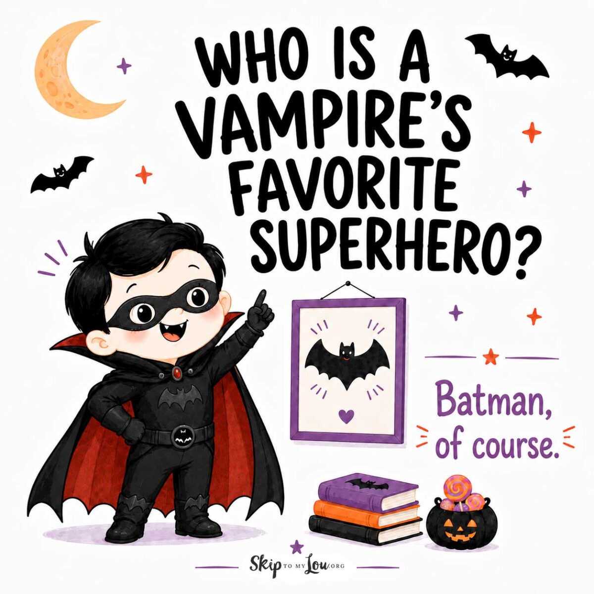Cute vampire dressed like a bat superhero for a funny vampire joke for kids