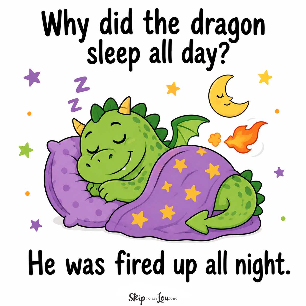 Cute green dragon sleeping under a purple blanket for the joke Why did the dragon sleep all day