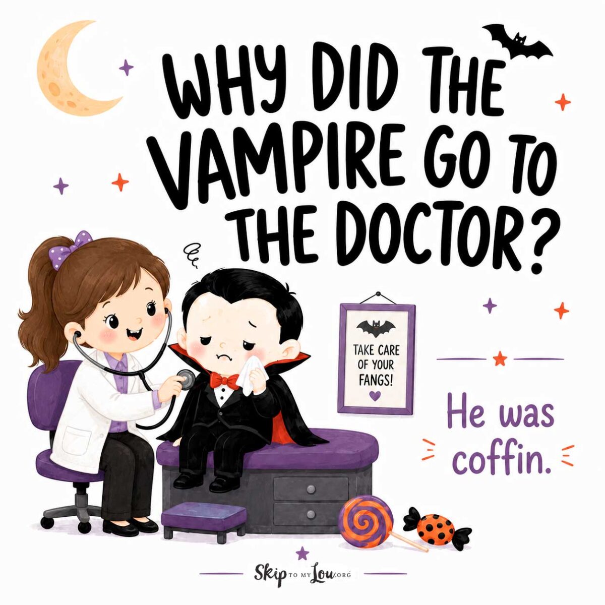 Cute vampire at the doctor for a funny Halloween joke for kids