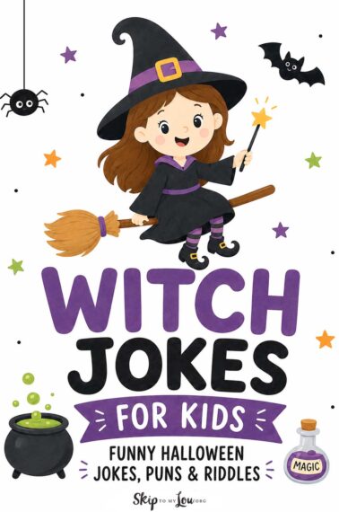 Cute witch jokes for kids Halloween hero image with a smiling witch, broom, cauldron, bats, stars, and playful text.