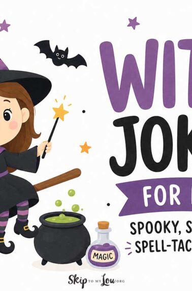 Cute witch jokes for kids Halloween hero image with a smiling witch, broom, cauldron, bats, stars, and playful text.