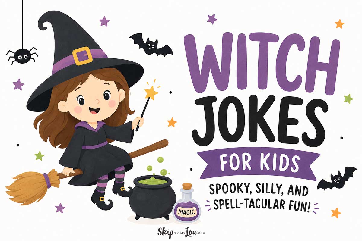 Cute witch jokes for kids Halloween hero image with a smiling witch, broom, cauldron, bats, stars, and playful text.