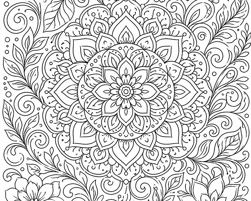 Detailed floral mandala coloring page for adults