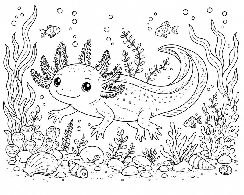 Detailed axolotl coloring page for teens with underwater plants and bubbles
