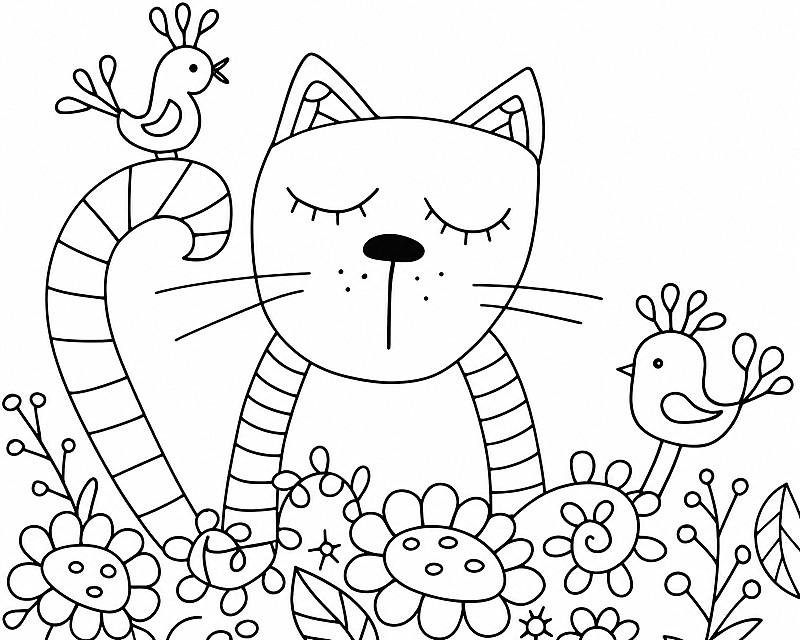 Cute cat coloring page with flowers and birds