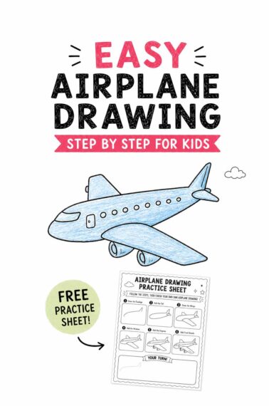 Easy airplane drawing thumbnail with a blue colored-pencil airplane, free practice sheet badge, and printable worksheet preview.