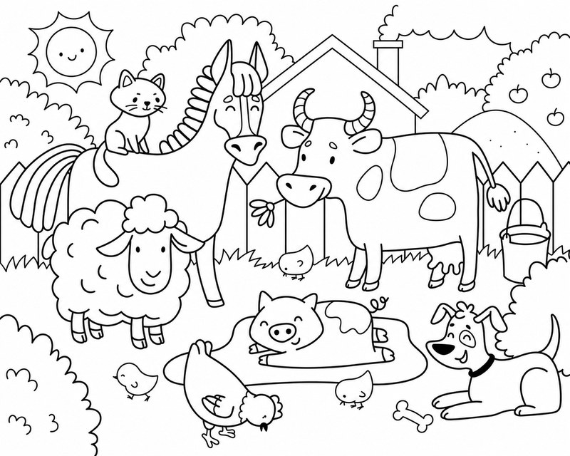 Farm animal coloring page with a cow, horse, sheep, pig, dog, and chicken