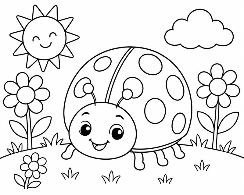 Easy ladybug coloring page for kids with flowers sun and cloud