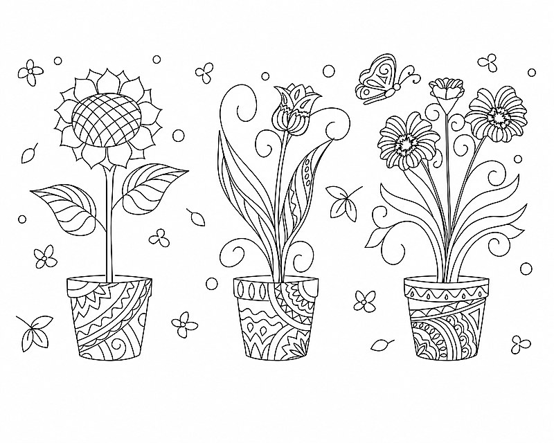Potted flower coloring page with three decorative flowers and butterflies