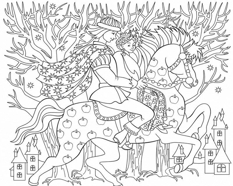Princess and prince riding a horse coloring page