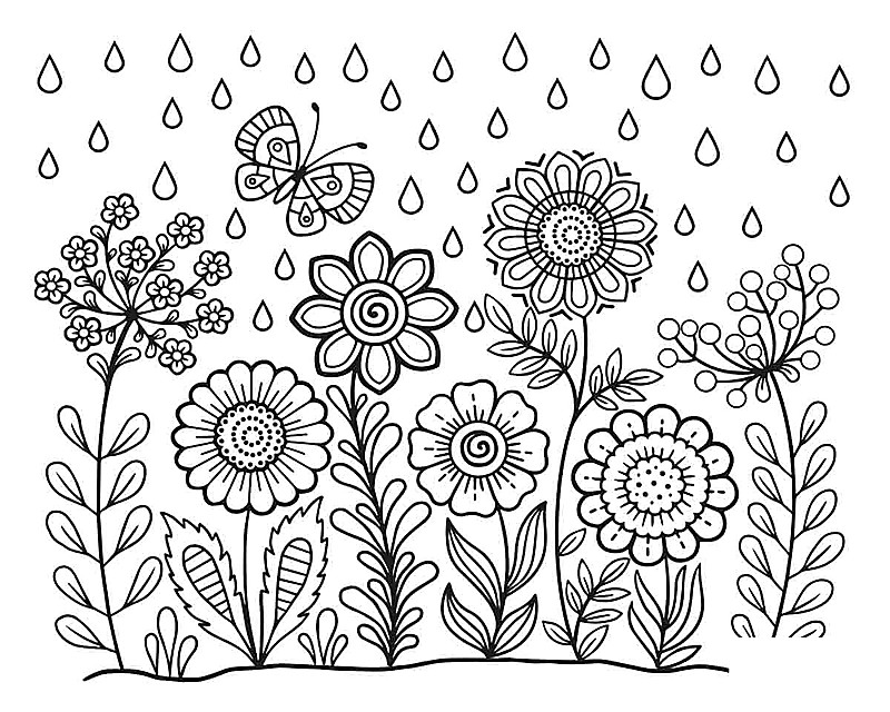 Spring flower coloring page with flowers, raindrops, and a butterfly
