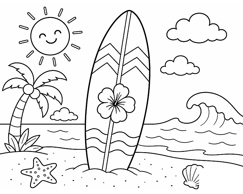 Summer coloring page with a surfboard, sun, palm tree, ocean wave, and seashell