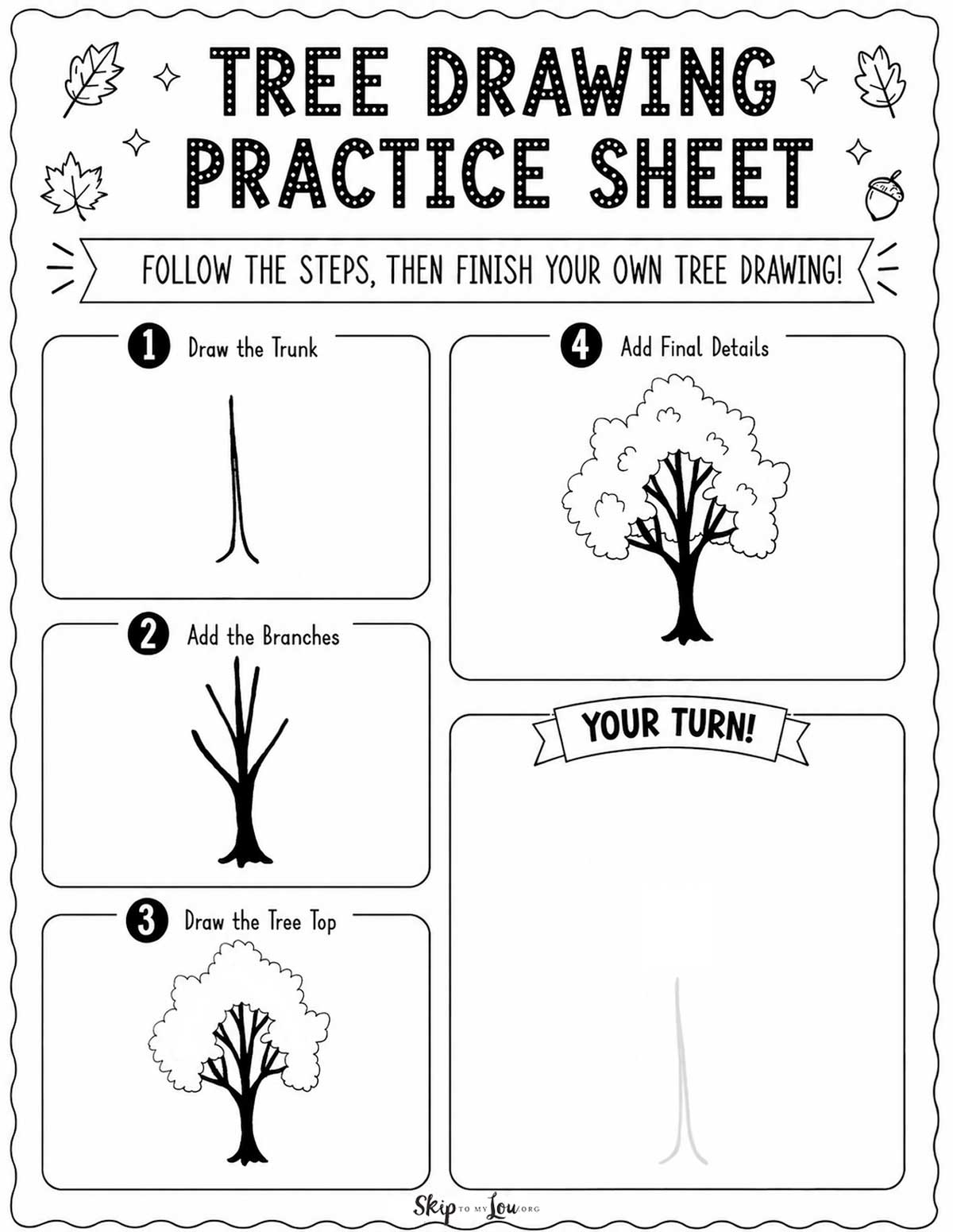 Free printable tree drawing practice sheet with step-by-step boxes showing how to draw a tree trunk, branches, tree top, and final details.
