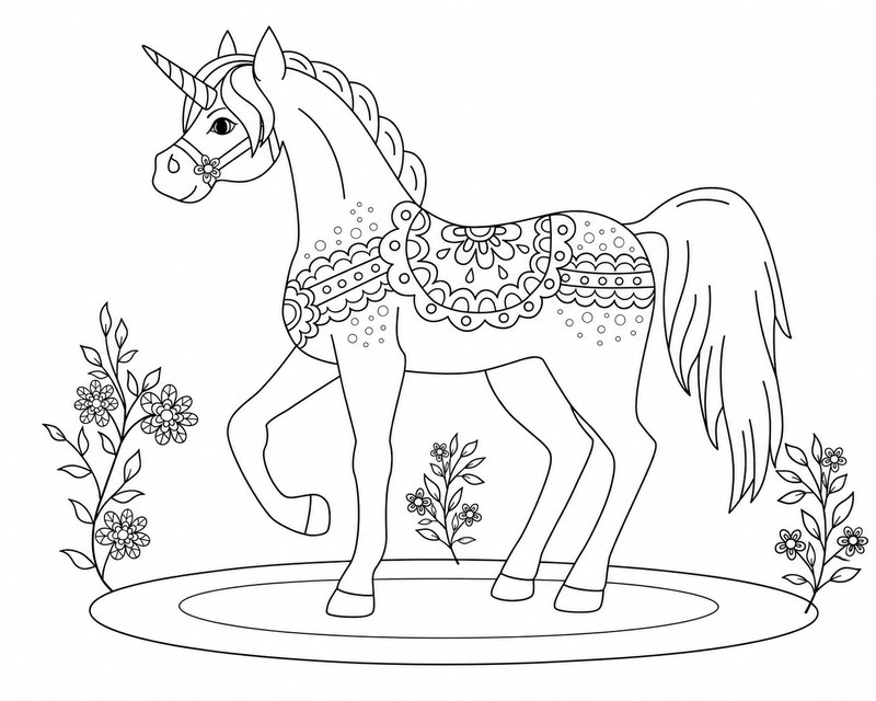 Unicorn coloring page with flowers and decorative details