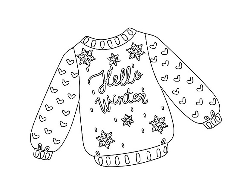 Winter sweater coloring page with snowflakes, hearts, and hello winter text