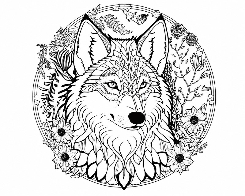 Detailed wolf coloring page with flowers and leaves